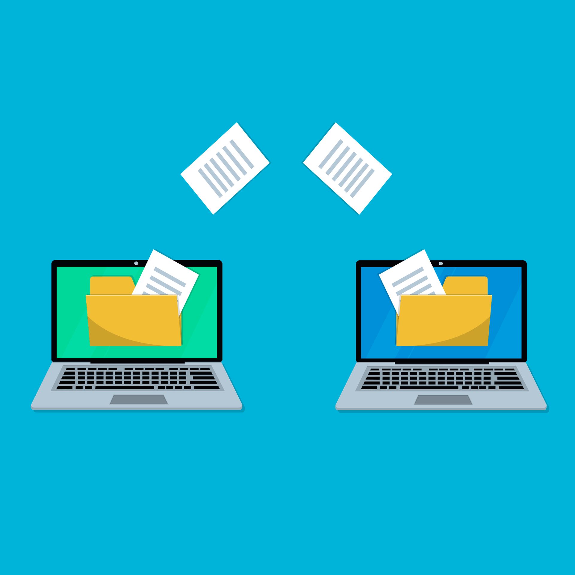 Two laptops with folders and papers flying out of them on a blue background.