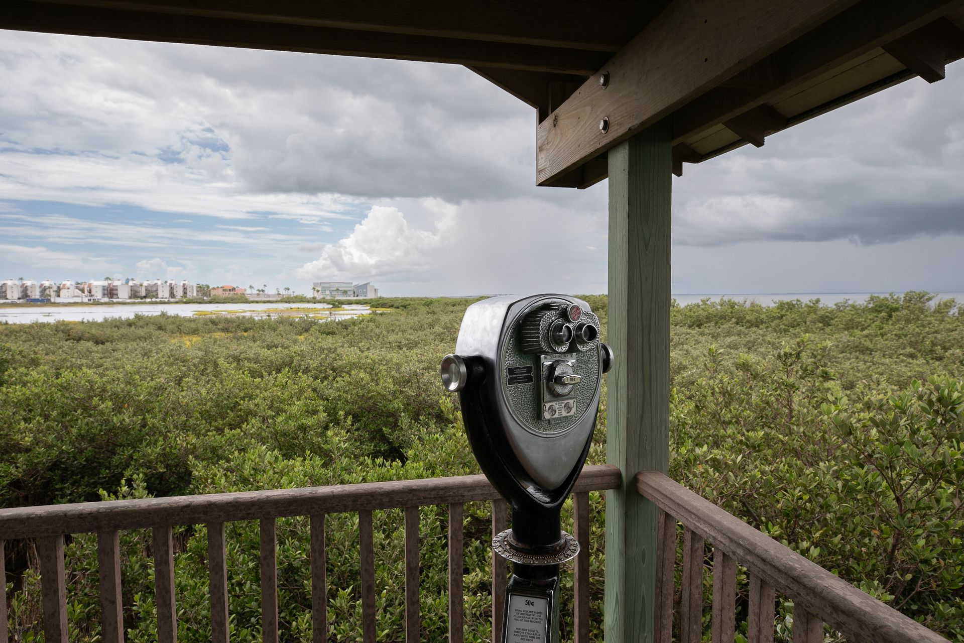 A coin operated binoculars is sitting on a balcony overlooking a forest.