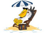 A pelican is sitting on a beach chair under an umbrella.