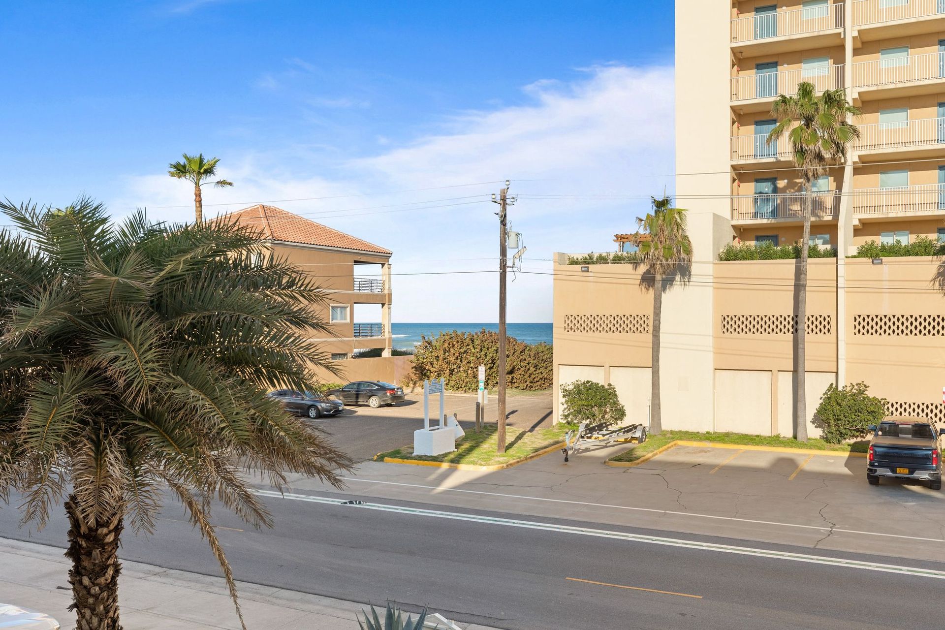 A view of the ocean from a balcony with a palm tree in the foreground.