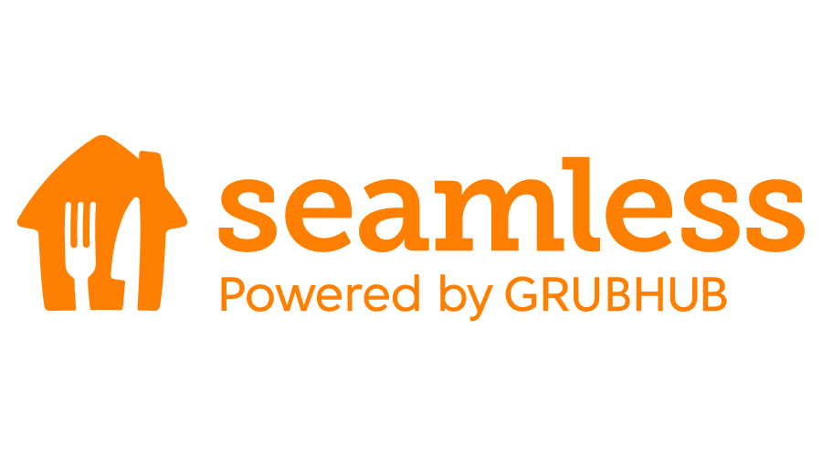 an orange logo for seamless powered by grubhub