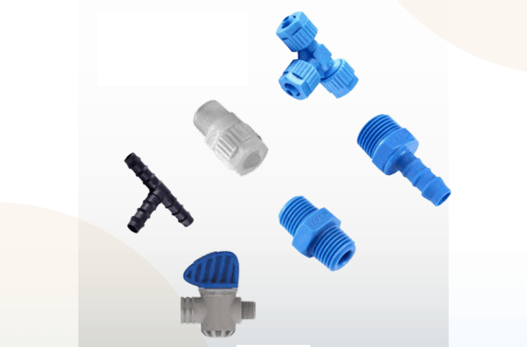 Raccord plastique, TEFEN, raccord bleu, raccord a coiffe, a bague, cannelé