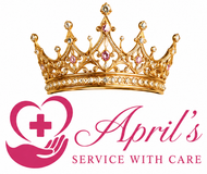 Aprils Service With Care Gold crown above pink heart-and-hand logo with “April’s Service With Care” text