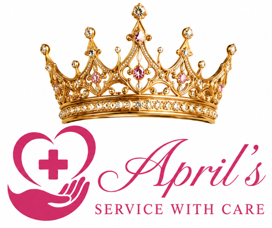 Aprils Service With Care Gold crown above pink heart-and-hand logo with “April’s Service With Care” text