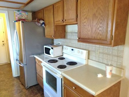 A kitchen with a stove , refrigerator and microwave.