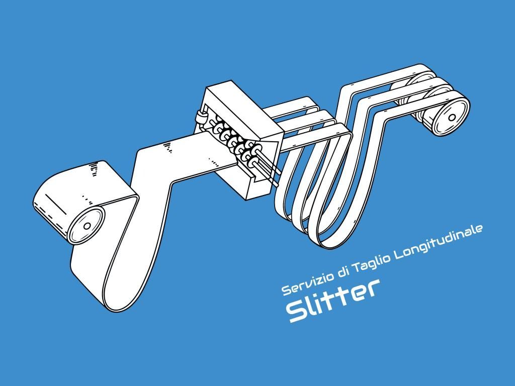 Schema di una taglierina con rulli e lame di taglio, per il taglio longitudinale. Linee bianche su sfondo blu.