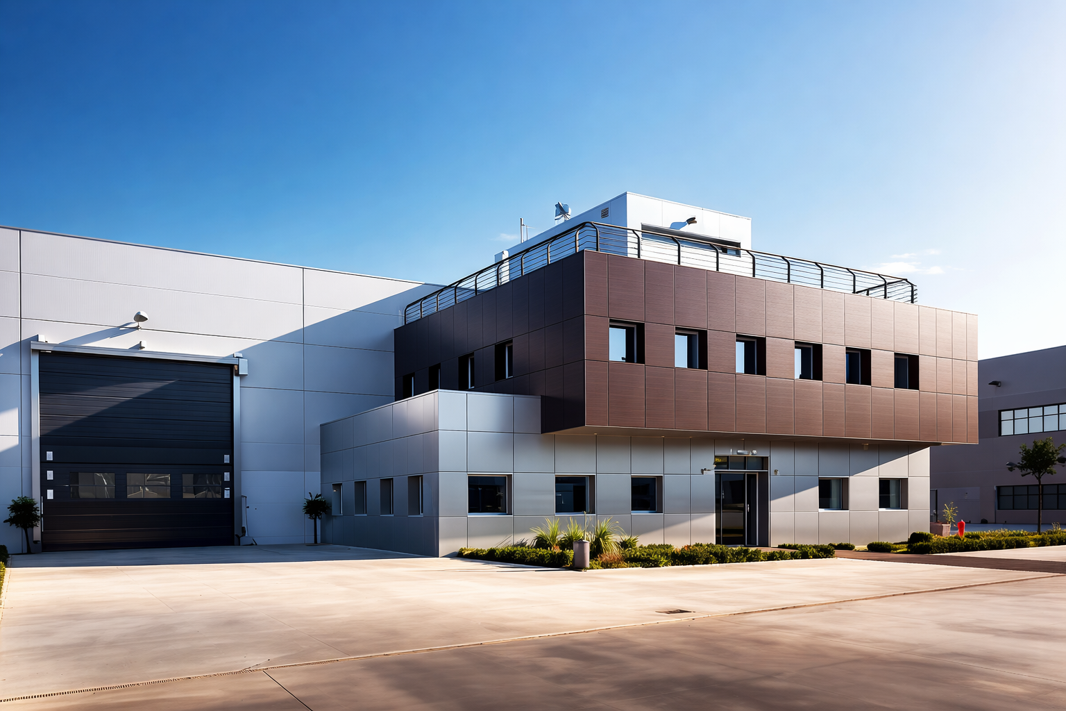 Esterno di un moderno edificio industriale con più livelli e una banchina di carico.