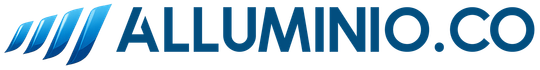 Logo di "ALLUMINIO.CO" in blu scuro con un disegno stilizzato a forma di onda.