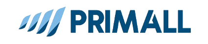 Logo di PRIMALL in blu scuro con motivo a onde stilizzate in azzurro.