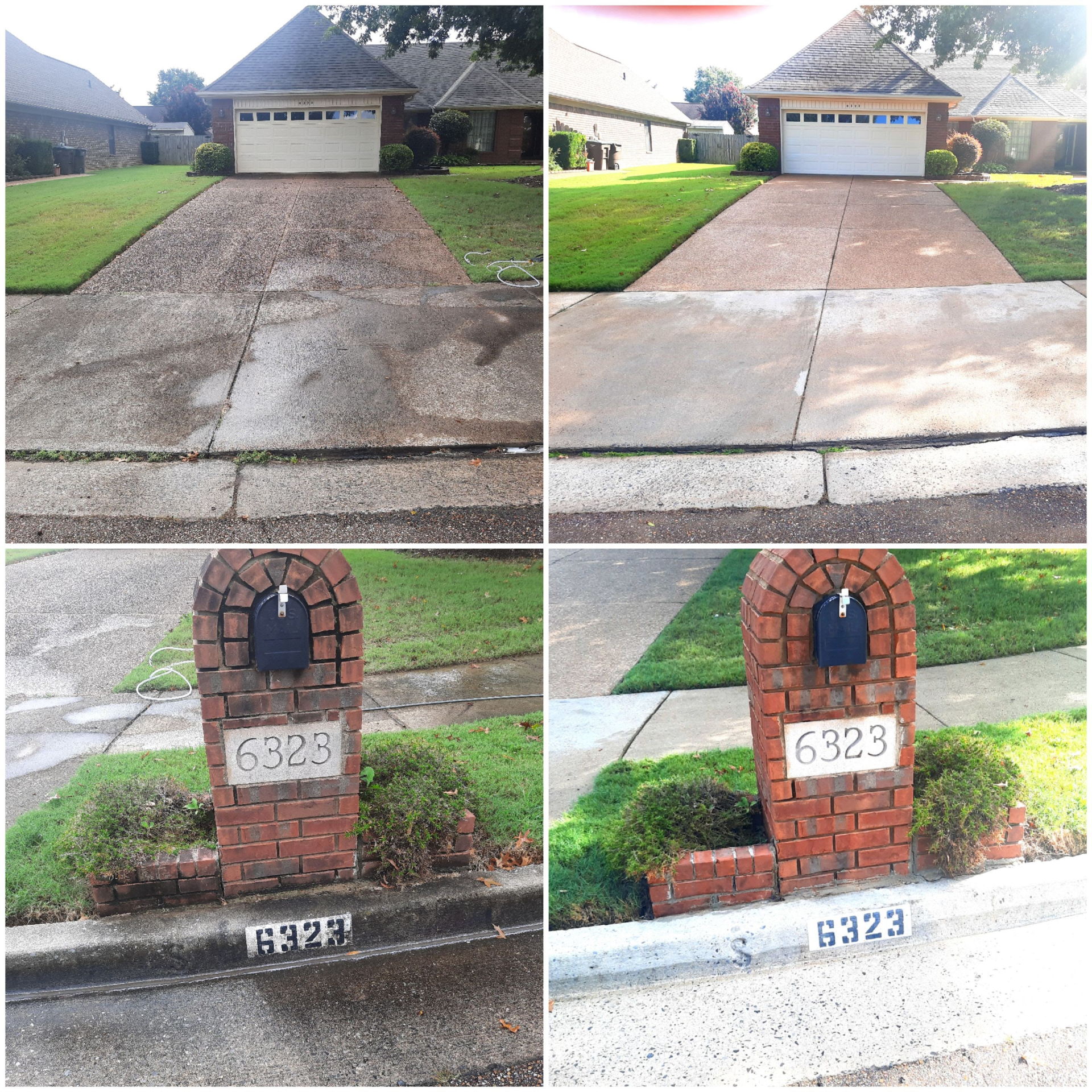 Paver driveway professionally pressure cleaned, with the hose and wand on the driveway