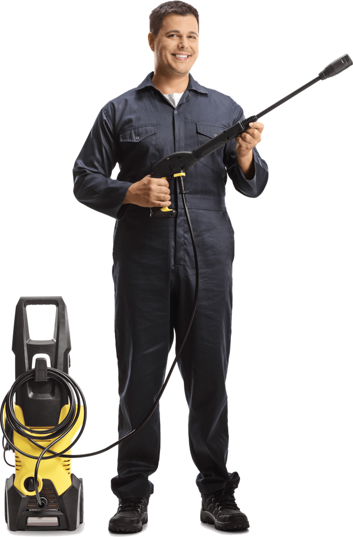 Full length portrait of a worker with a pressure washer machin