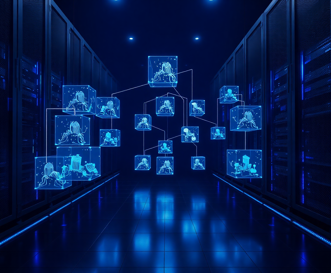 A server room with a lot of servers and a bunch of boxes with people on them.