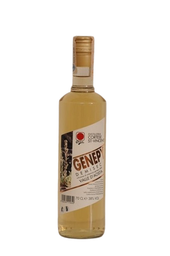 Una bottiglia di vodka genepy su sfondo bianco