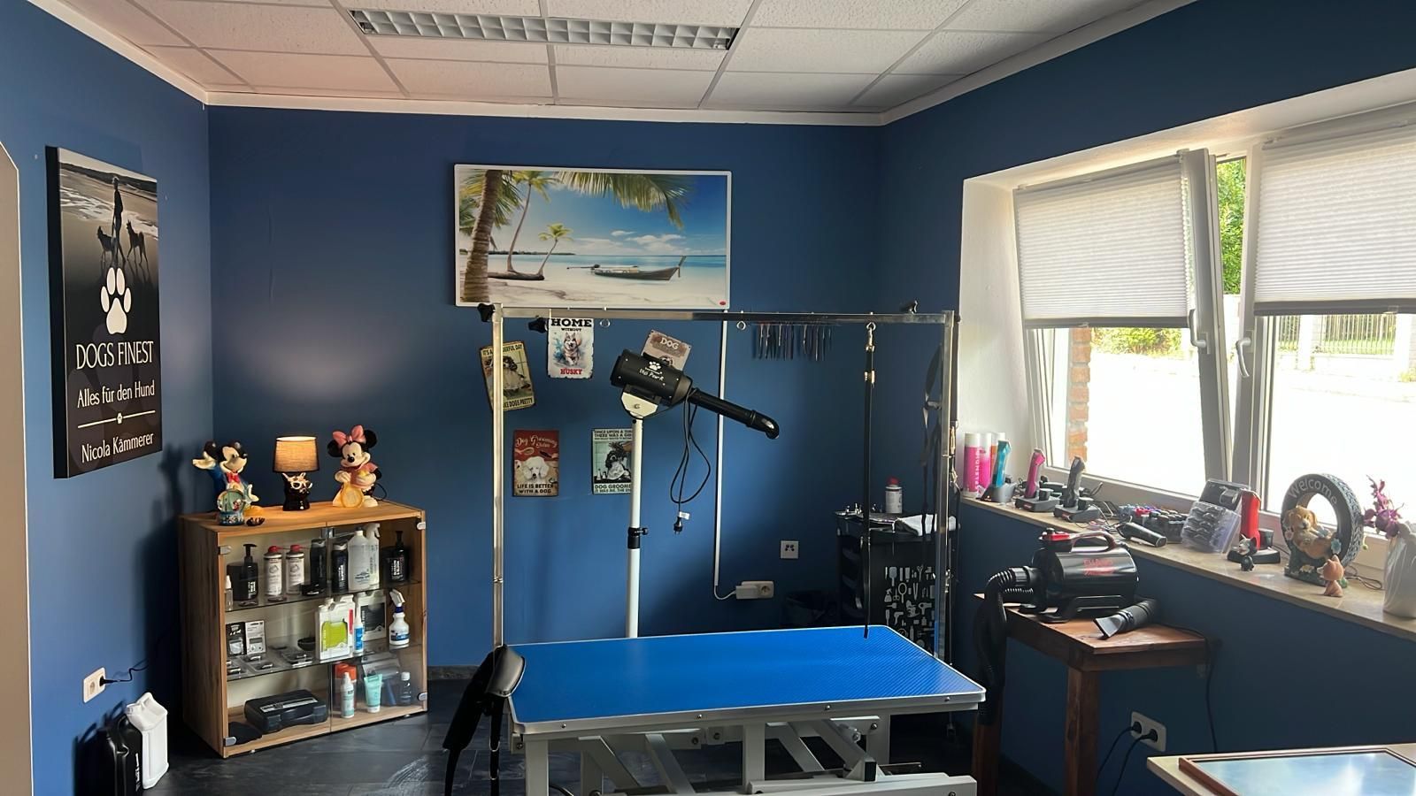 In der mitte des raumes steht ein blauer tisch.