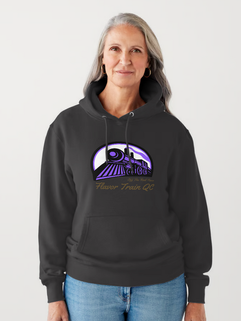 a woman wearing a black hoodie with a purple train on it