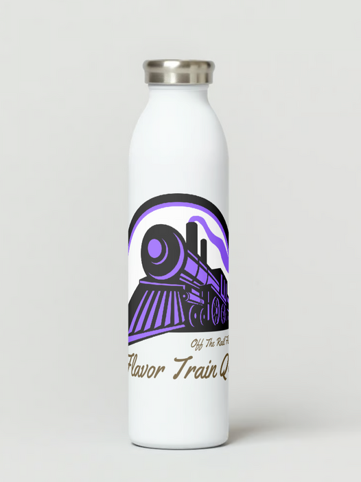 a white water bottle with a purple train on it .