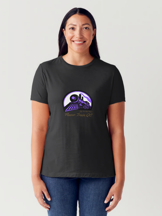 a woman wearing a black t-shirt with a train on it