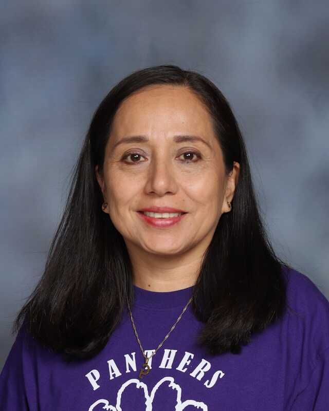 A woman is wearing a purple panthers shirt