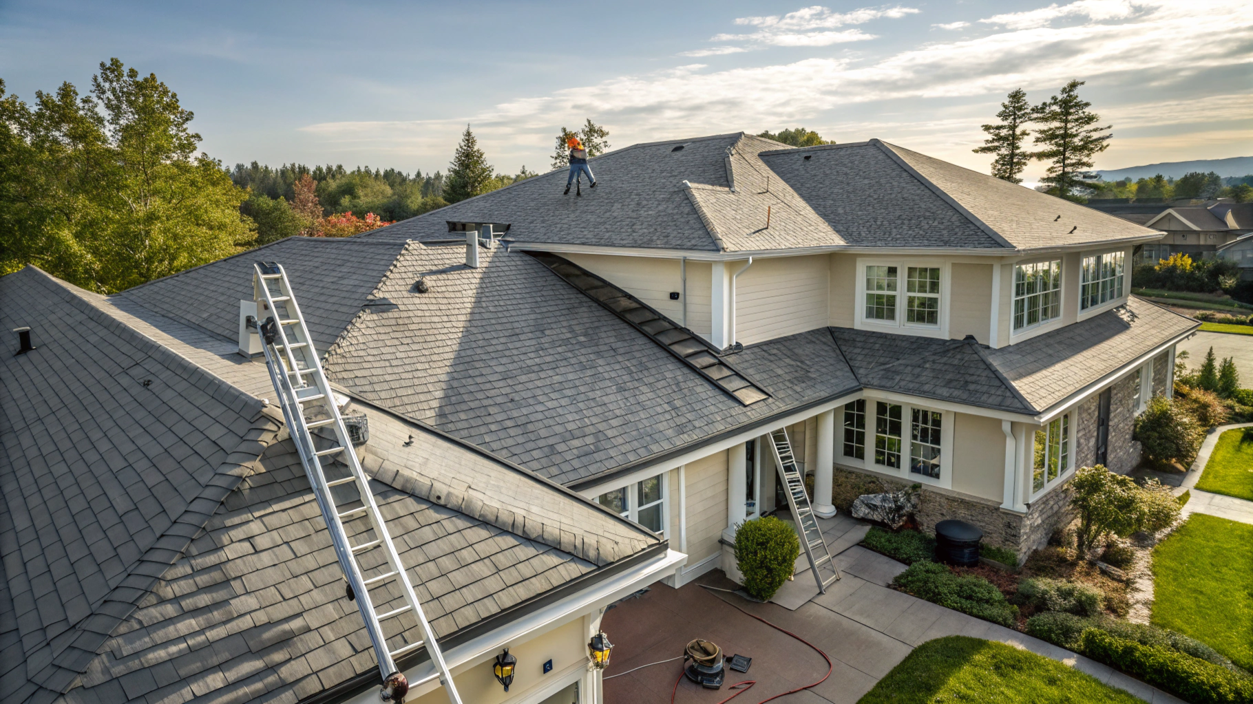 Two workers on a multi-level house roof, setting shingles. Ladders are placed for access. Sunny day.