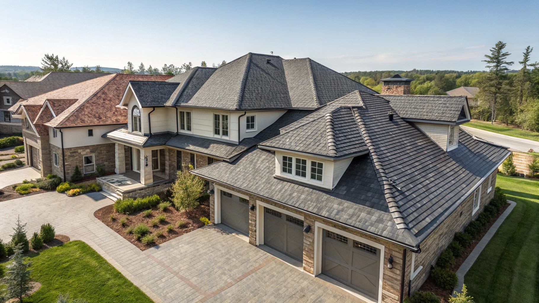 Large, multi-story house with gray roof, three-car garage, and manicured landscaping under a blue sky.