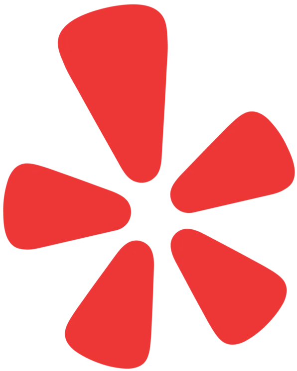 Red Yelp logo: a stylized, abstract flower-like shape.