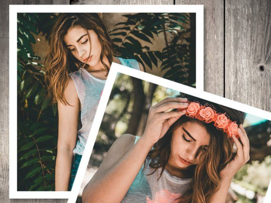 Woman with long brown hair, wearing a flower crown, and a tank top. Photos stacked on a wooden background.