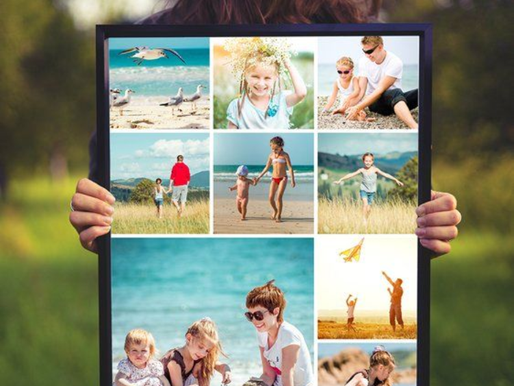 Person holding a framed collage of beach photos, featuring people, including children, at the beach.