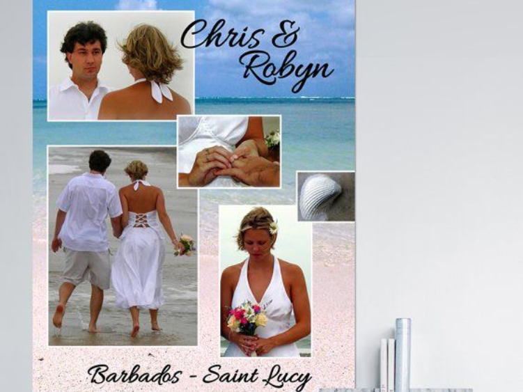 Collage de photos de mariage prises à la Barbade, montrant le couple, leurs mains, la plage. Fond de ciel et de sable, noms et lieu en texte.