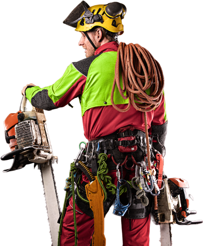 a man wearing a helmet is holding a chainsaw 