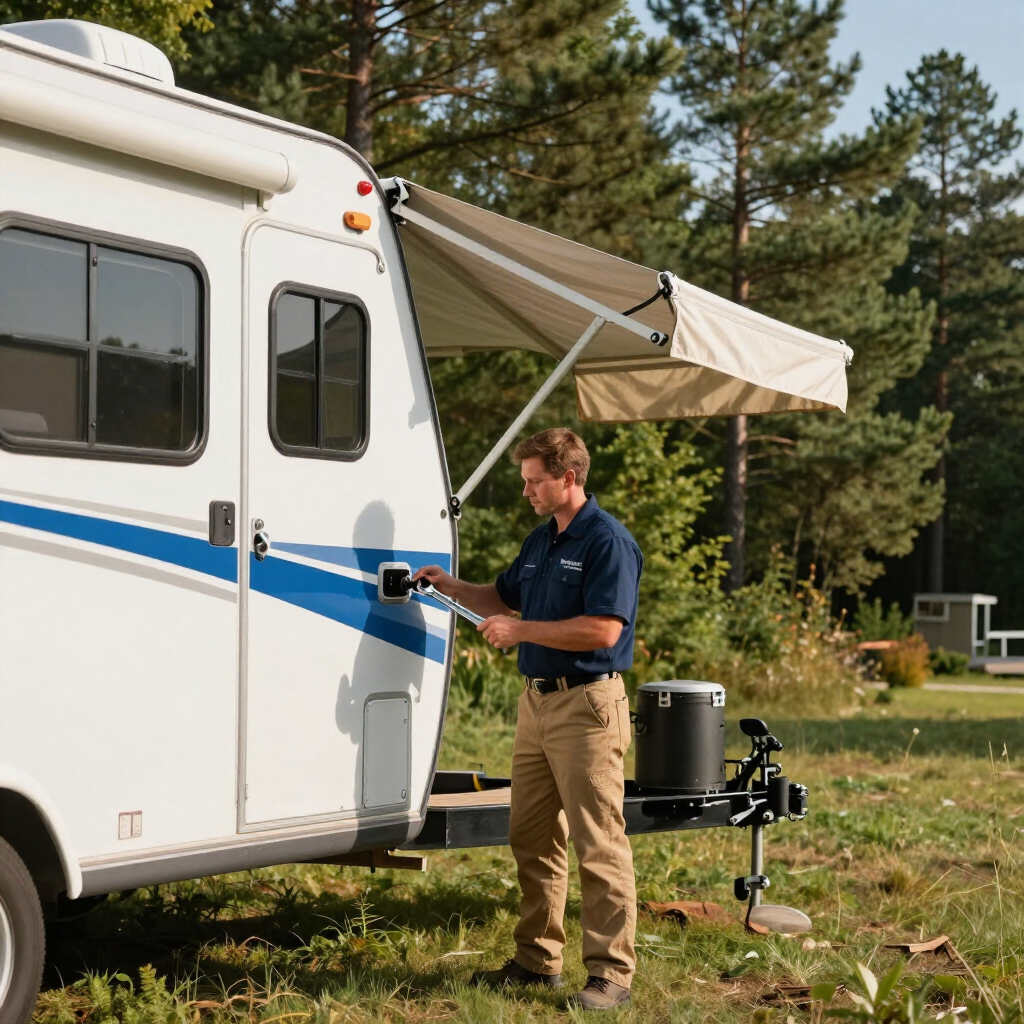 Mobile RV repair technician servicing a travel trailer at a campsite.