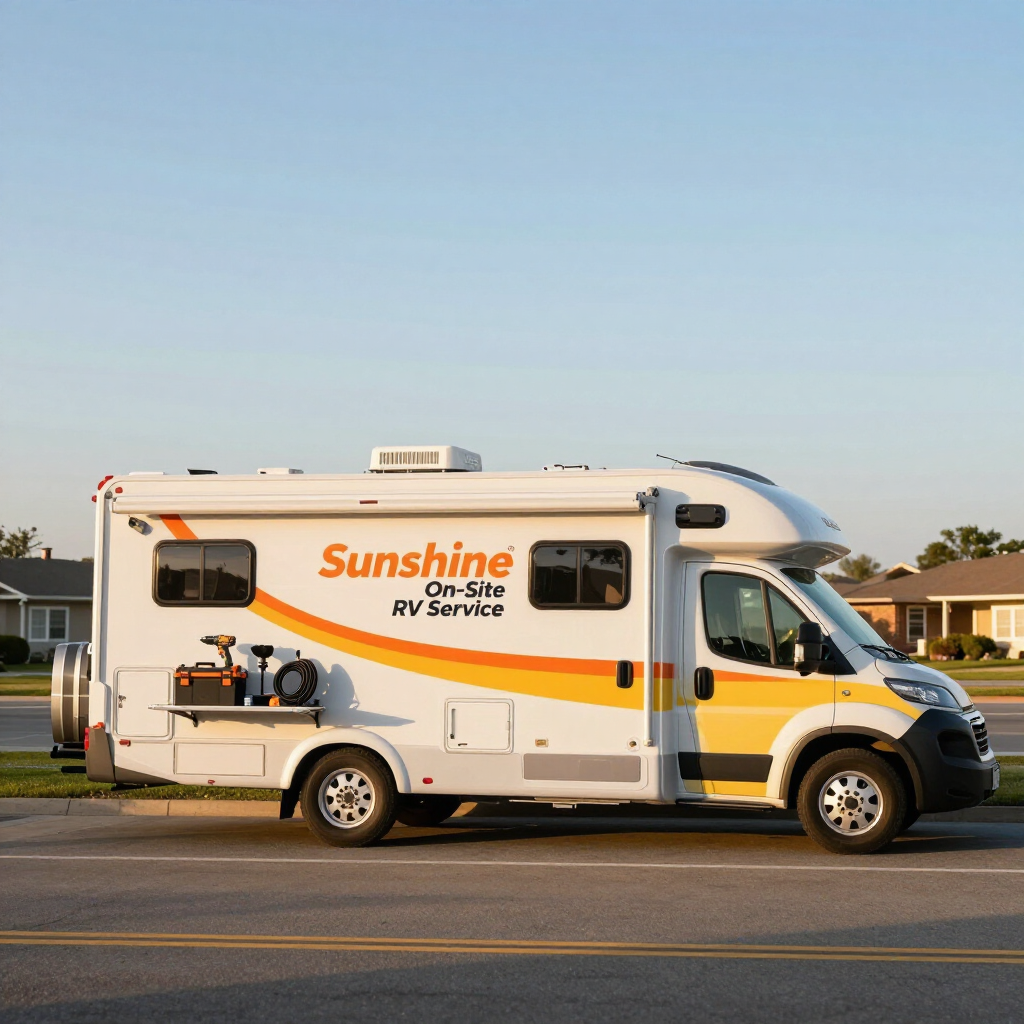 Sunshine On-Site RV Service truck beside a motorhome.