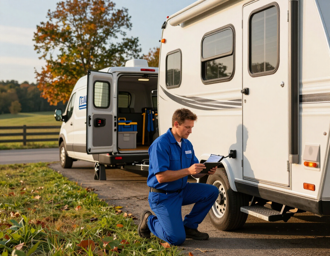 Rick Flater providing on-site RV repair beside a travel trailer with a professional mobile service setup.