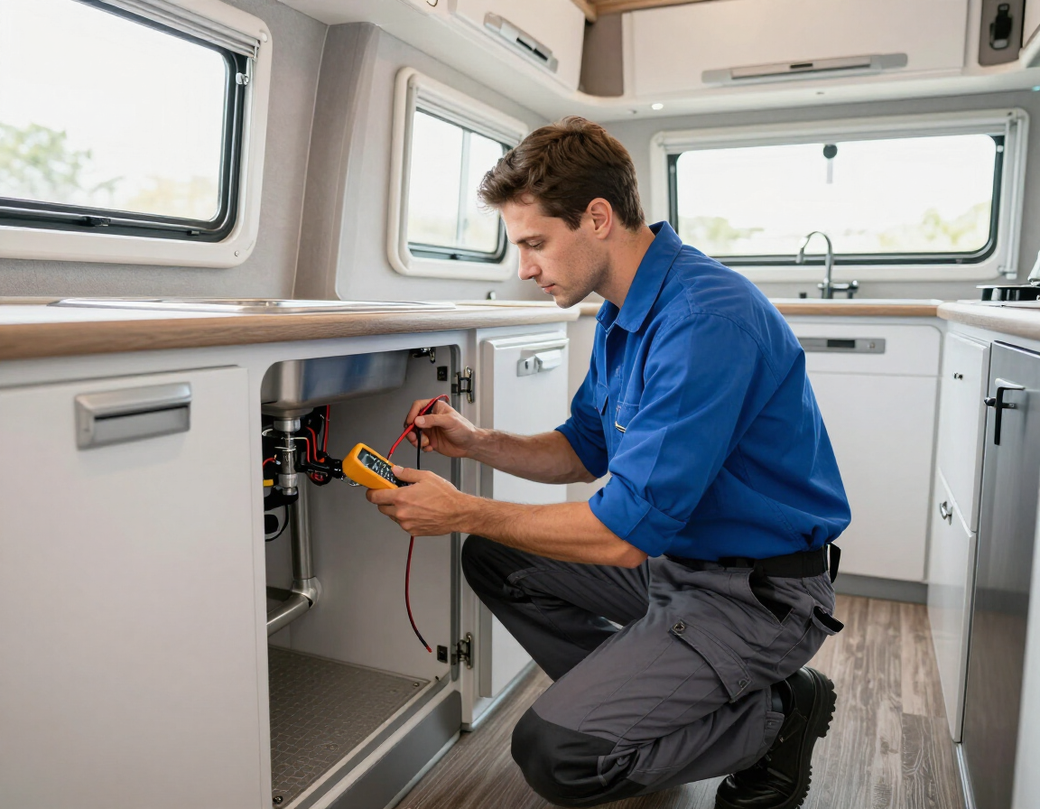 An RV technician inspecting systems inside a motorhome.