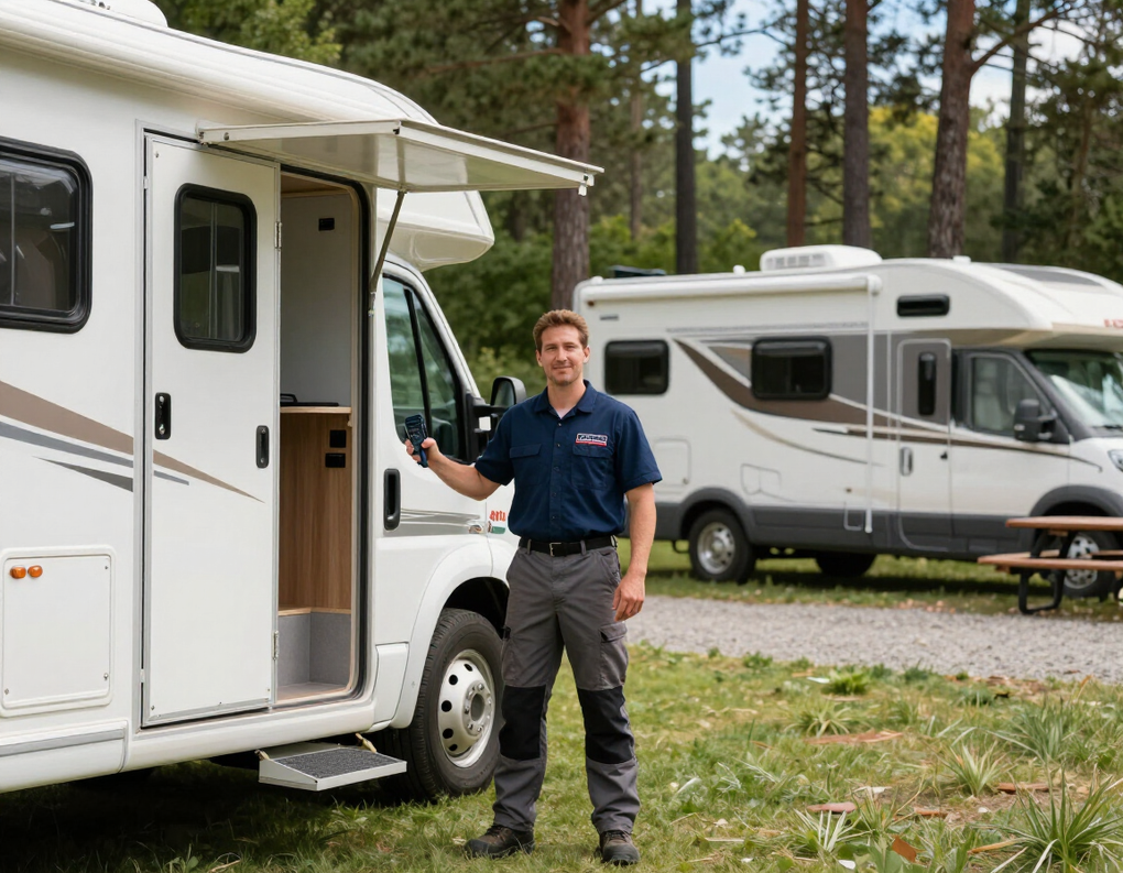 Rick Flater standing beside a mobile RV repair truck near a motorhome.