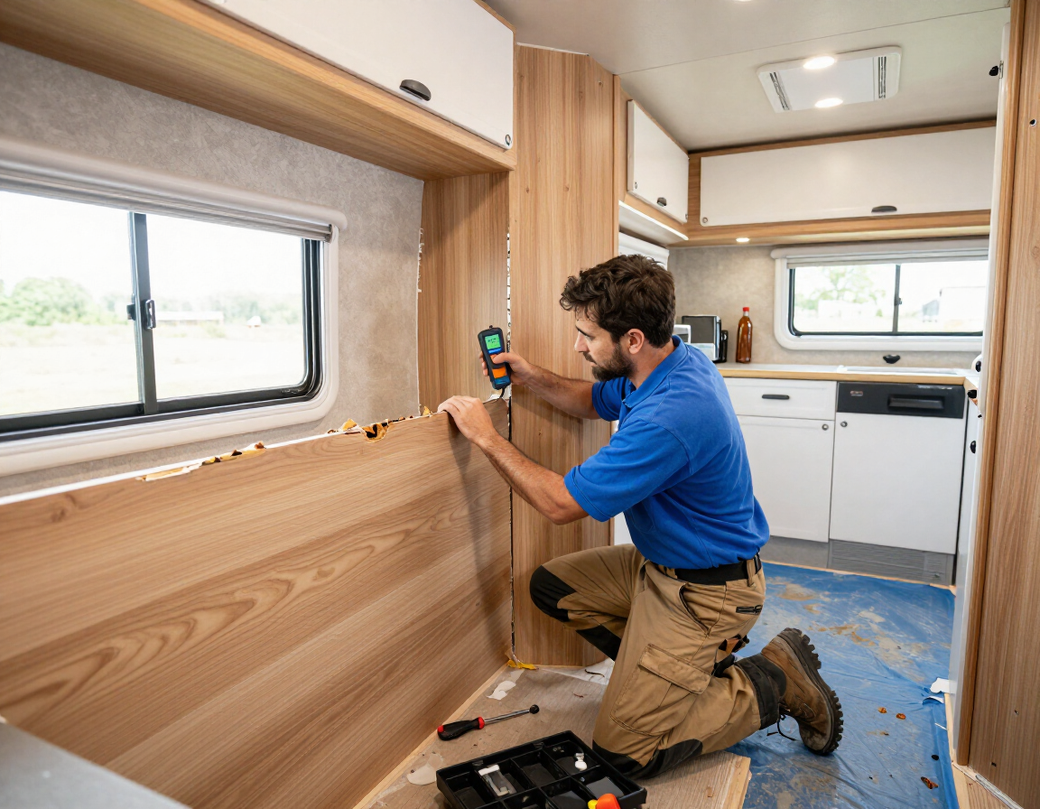 An RV technician repairing water damage inside a camper.