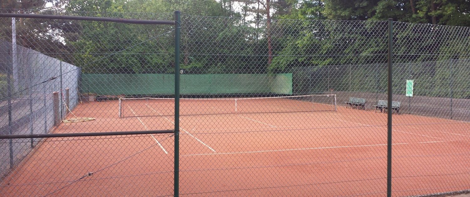 Ein Tennisplatz mit einem Zaun darum und Bäumen im Hintergrund.