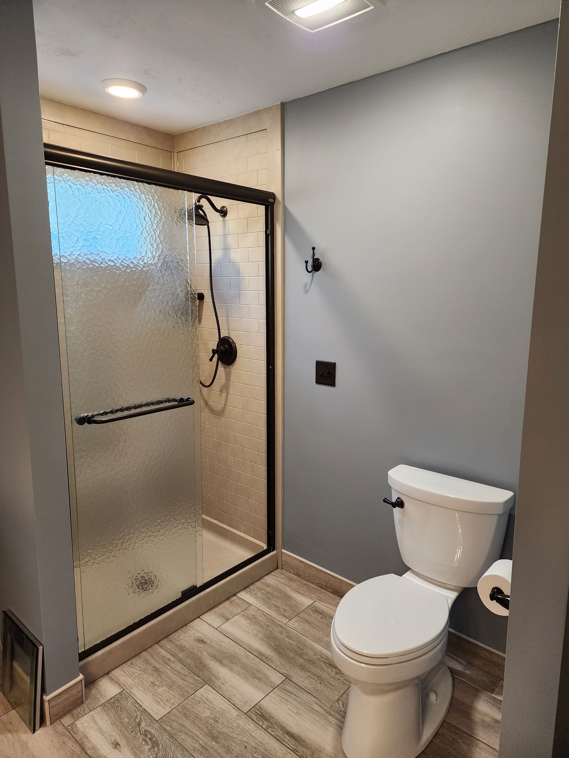 Small bathroom with a frosted-glass shower stall, toilet, gray walls, and wood-look tile floor.