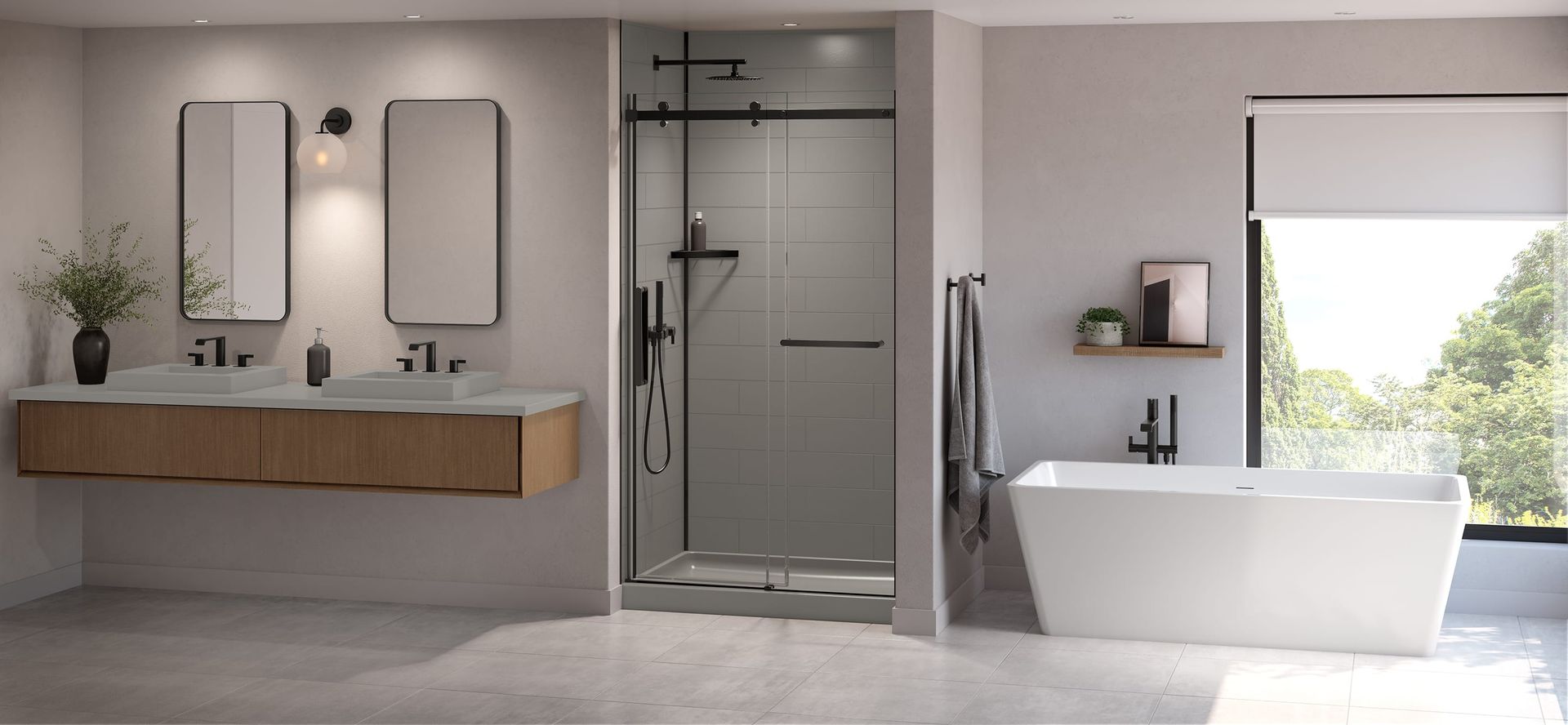 Modern bathroom with double vanity, glass shower, and freestanding tub beside a bright window