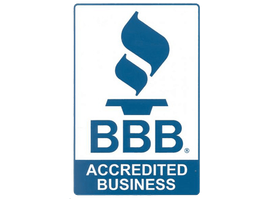 a blue and white bbb accredited business logo on a white background .
