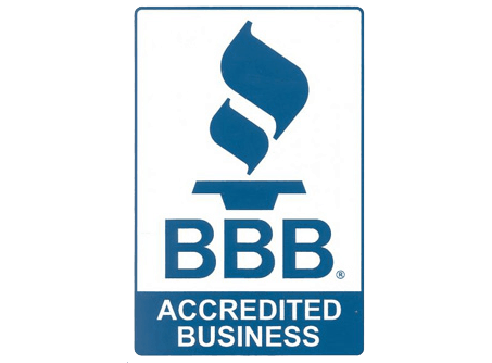 a blue and white bbb accredited business logo on a white background .