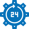 Blue gear icon with a 24 inside a circular arrow, indicating 24/7 service.