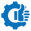 Blue gear with thumbs-up symbol and letter