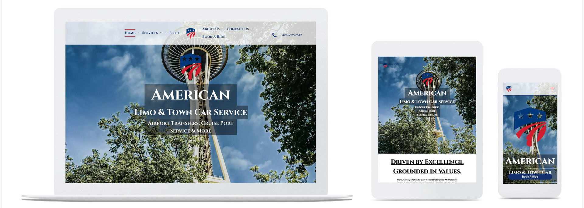 Website displayed on laptop, tablet, and smartphone, showcasing a logo with 