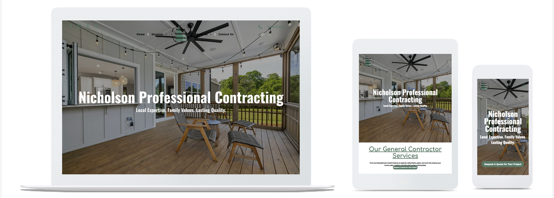 Website design mockup on laptop, tablet, and smartphone screens. Shows deck, professional contracting company details.