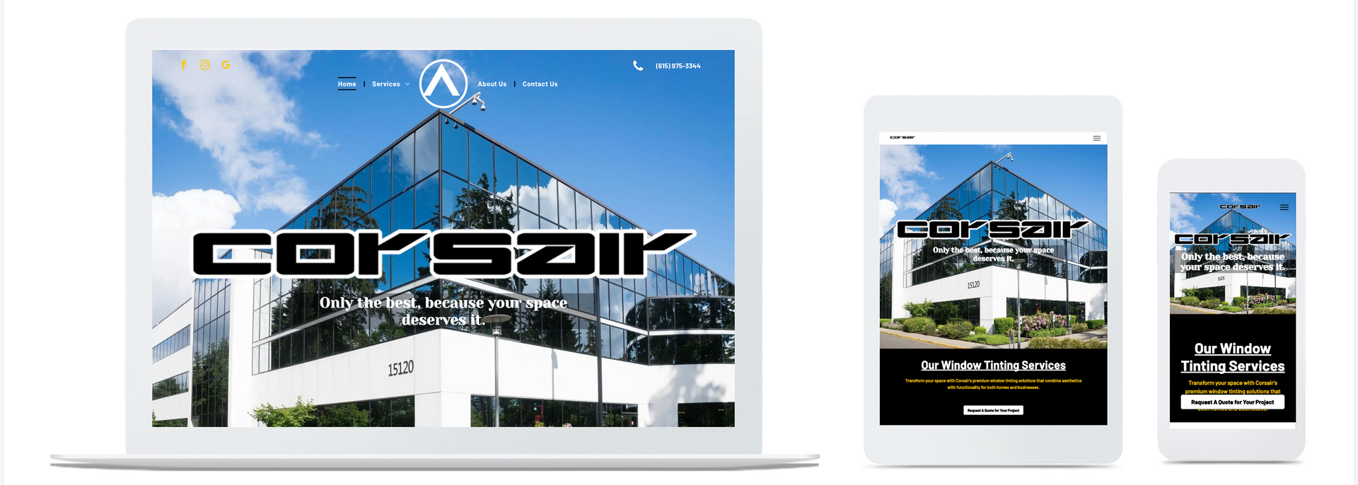 Website design showcased on laptop, tablet, and phone. The website displays a glass building under a blue sky and 