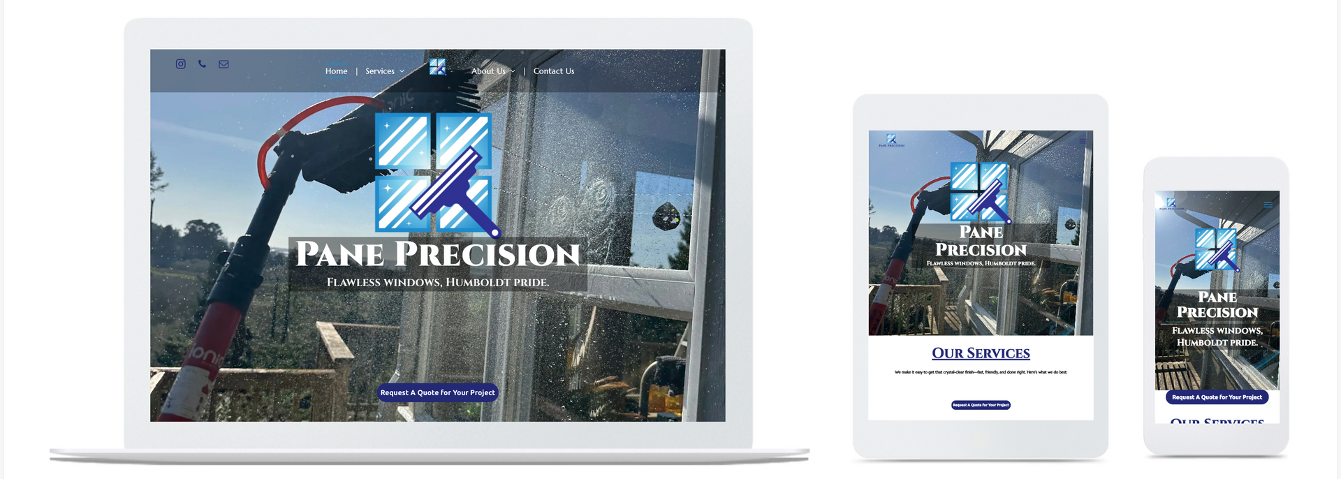 Website design showcasing the Pane Precision brand on a laptop, tablet, and phone. Includes a logo, text, and a background image with a cleaning wand.