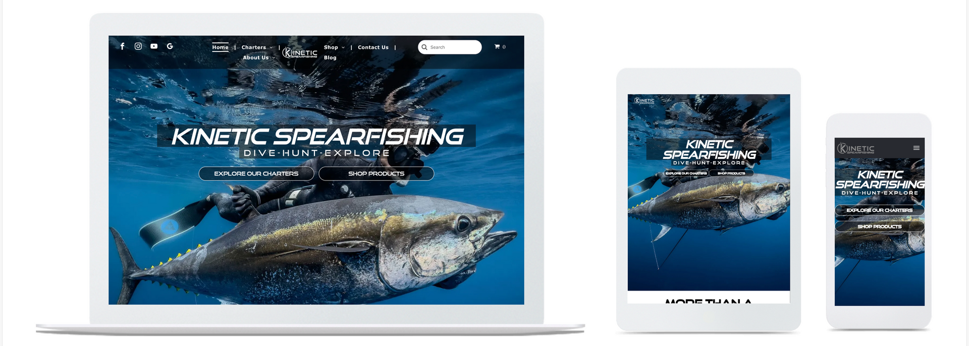 Website design on a laptop, tablet, and phone, showcasing a diver spearfishing a large fish in blue water.