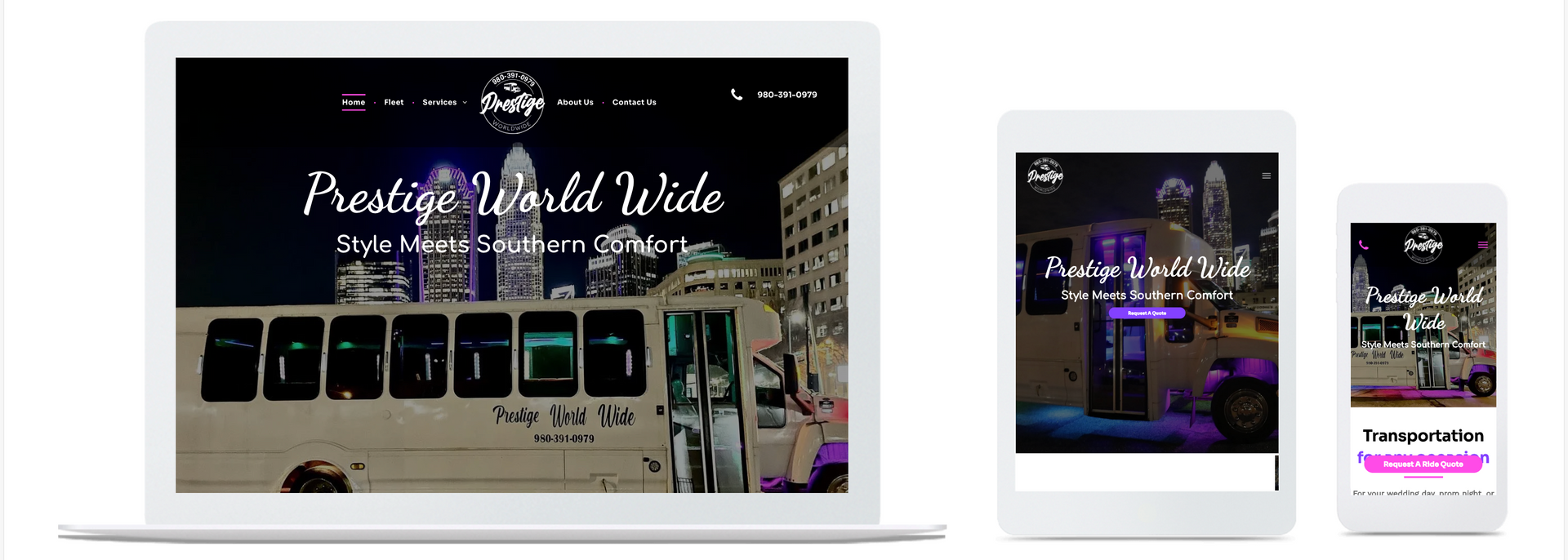 Website design on a laptop, tablet, and mobile phone, showcasing a luxury transportation service.