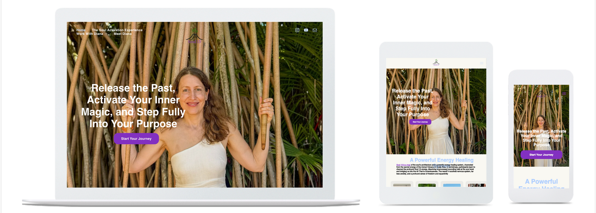 A woman with long hair wearing a white dress in front of tall bamboo on a laptop, tablet, and phone, the website promoting love.