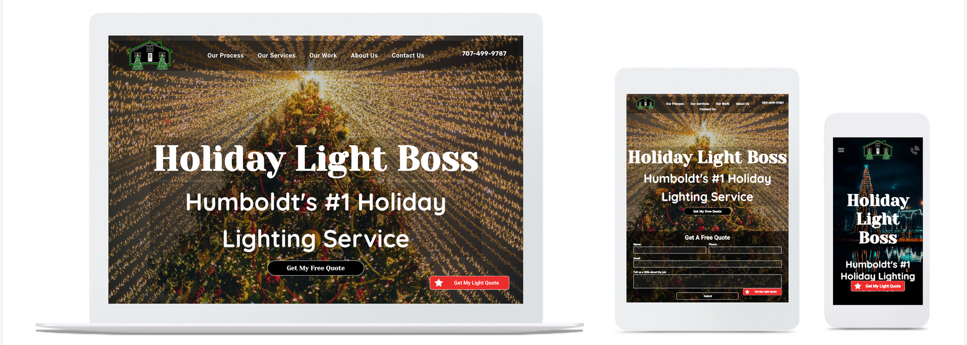 Holiday Light Boss website displayed on a laptop, tablet, and smartphone. The website promotes holiday lighting services in Humboldt.